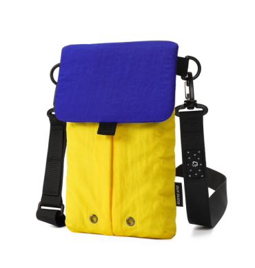 Lightweight nylon crossbody bag in Blue-Yellow color with three pockets for everyday carry