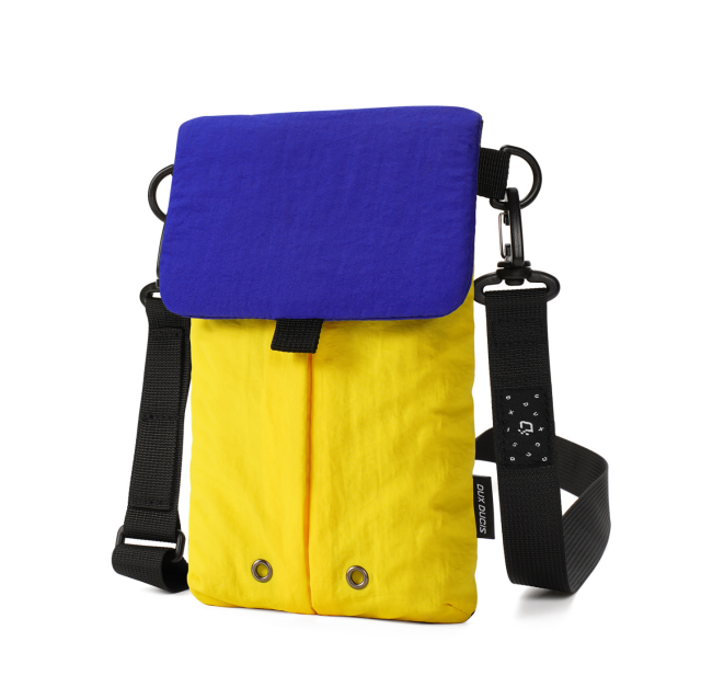 Lightweight nylon crossbody bag in Blue-Yellow color with three pockets for everyday carry