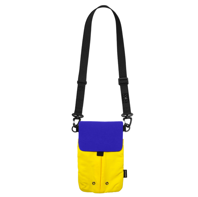Lightweight nylon crossbody bag in Blue-Yellow color with three pockets for everyday carry