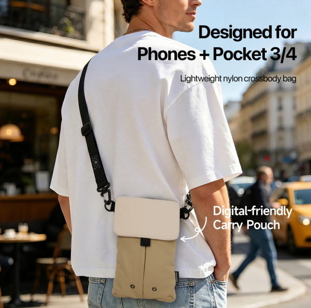 Lightweight nylon crossbody bag in khaki color with three pockets for everyday carry