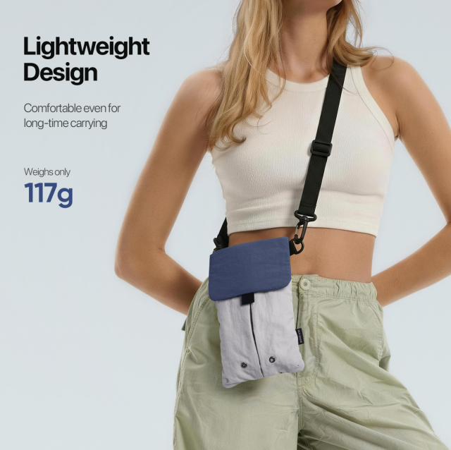 Lightweight nylon crossbody bag in khaki color with three pockets for everyday carry