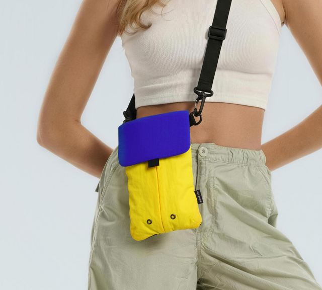 Lightweight nylon crossbody bag in Blue-Yellow color with three pockets for everyday carry