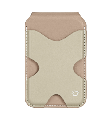 PAPO magnetic wallet stand in pink color holding 2 cards on an iPhone、PU leather MagSafe card holder with kickstand in khaki color