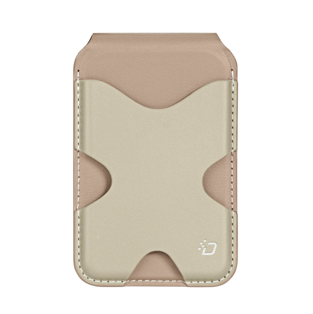PAPO magnetic wallet stand in pink color holding 2 cards on an iPhone、PU leather MagSafe card holder with kickstand in khaki color
