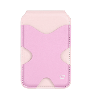PAPO magnetic wallet stand in pink color holding 2 cards on an iPhone、PU leather MagSafe card holder with kickstand in khaki color