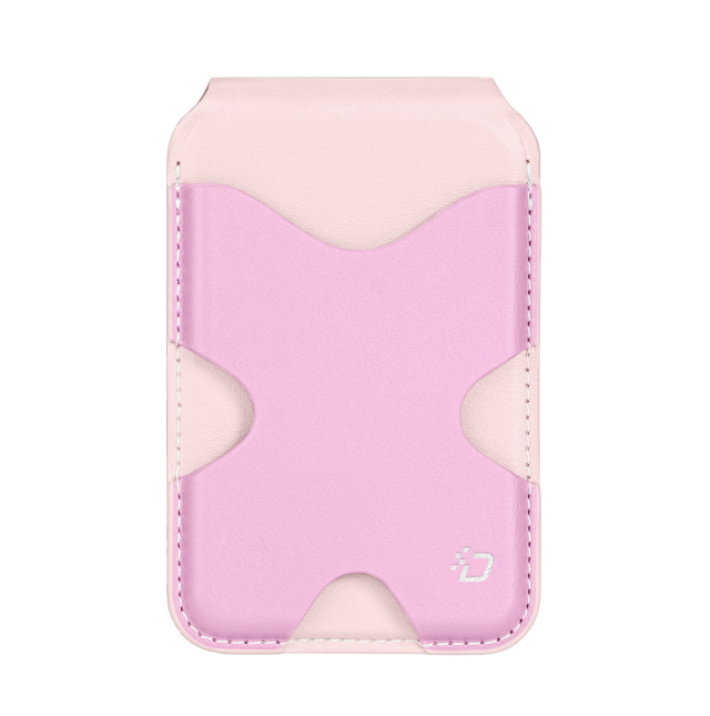 PAPO magnetic wallet stand in pink color holding 2 cards on an iPhone、PU leather MagSafe card holder with kickstand in khaki color