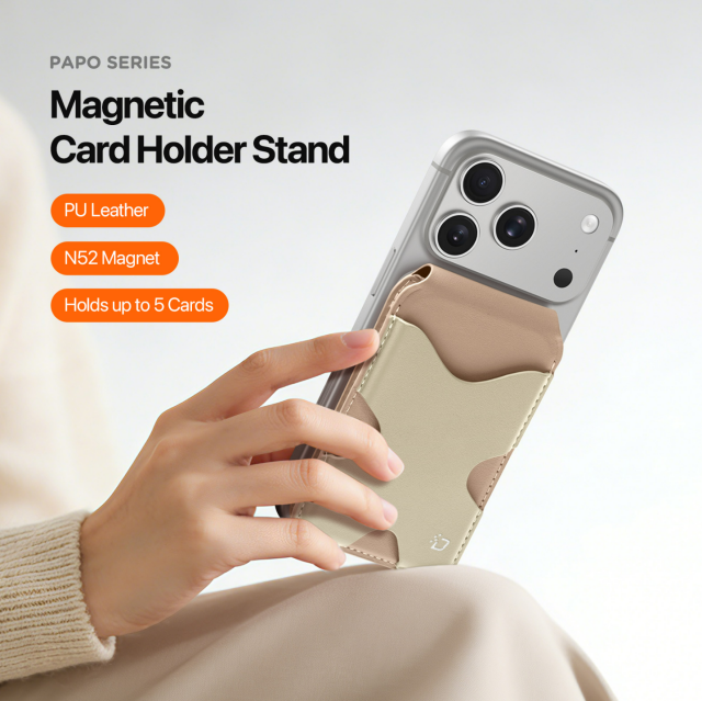 PAPO magnetic wallet stand in pink color holding 2 cards on an iPhone、PU leather MagSafe card holder with kickstand in khaki color