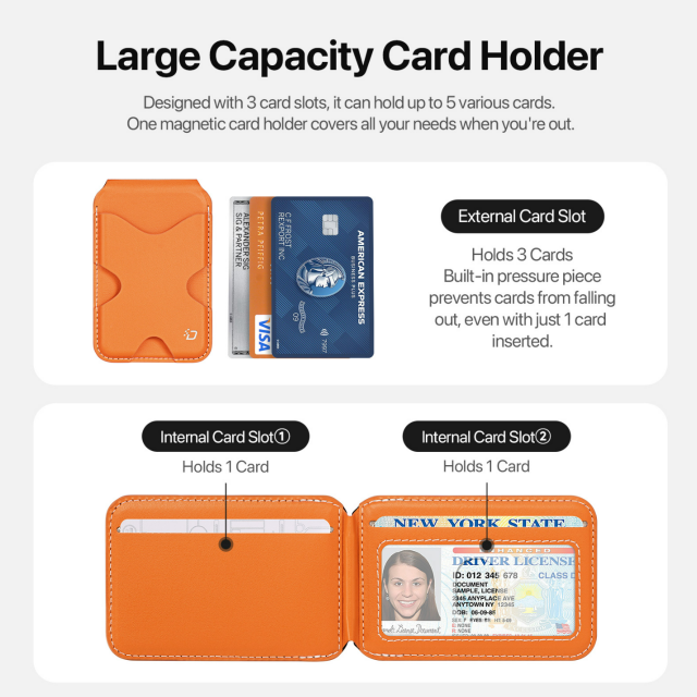 PAPO magnetic wallet stand in pink color holding 2 cards on an iPhone、PU leather MagSafe card holder with kickstand in khaki color