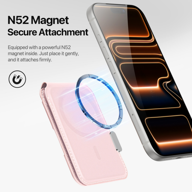 PAPO magnetic wallet stand in pink color holding 2 cards on an iPhone、PU leather MagSafe card holder with kickstand in khaki color