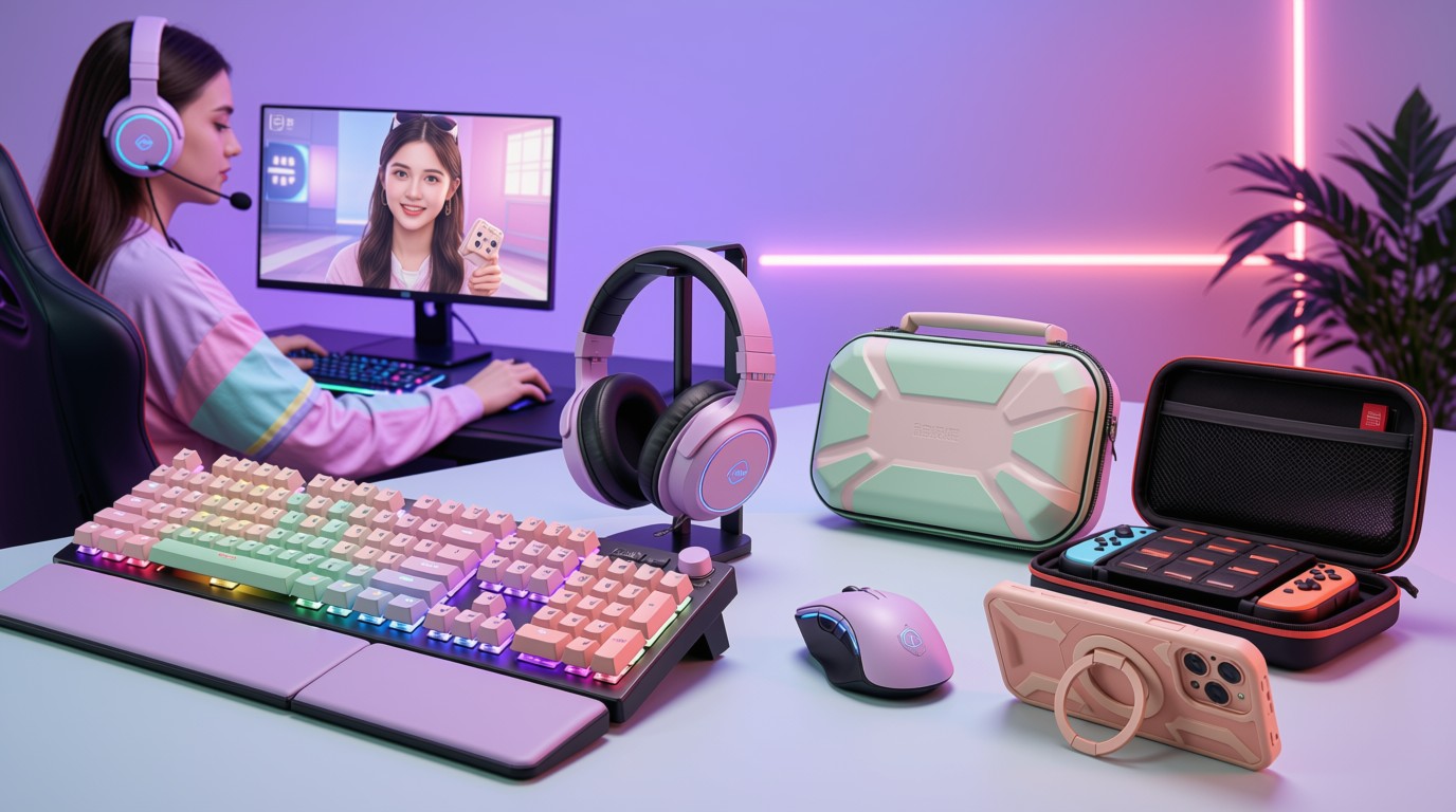 Fita's B2B game accessories display highlighting a mechanical keyboard, wireless headset, Switch storage case, and mobile phone accessories.