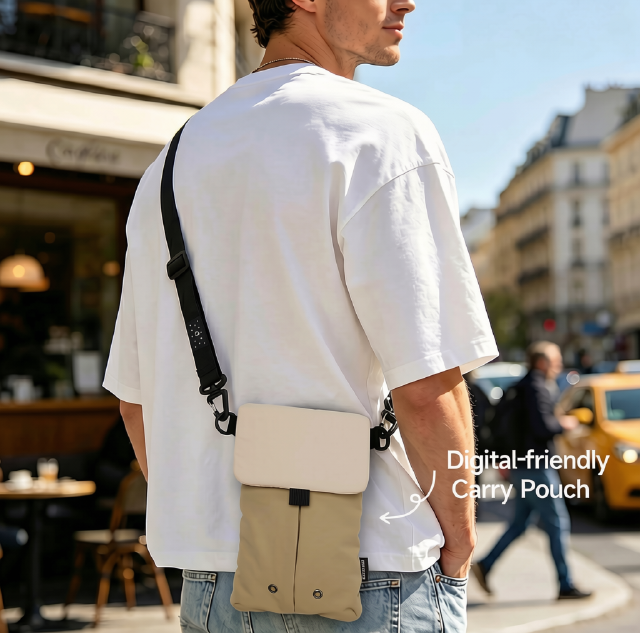 Lightweight nylon crossbody bag with 3-pocket design worn by a man in a city street, perfect for phones and Pocket 3/4, wholesale B2B commuter bag.