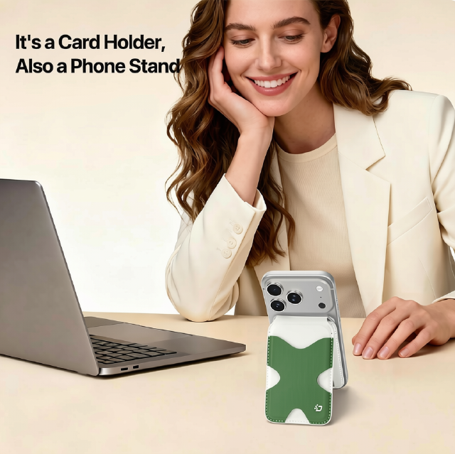 Wholesale magnetic card holder stand in green PU leather attached to smartphone, held upright as a phone stand on a desk, B2B office commute accessory.