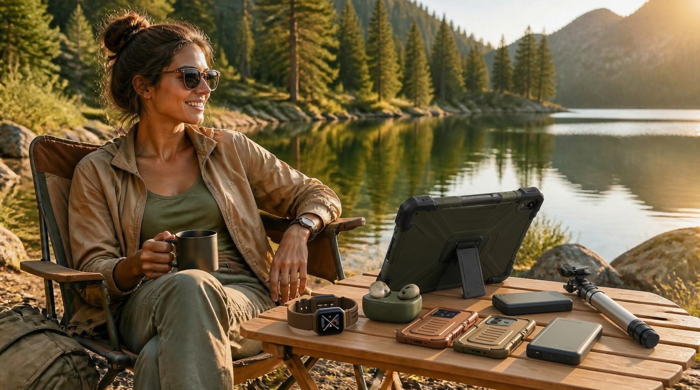Outdoor accessories B2B lifestyle image featuring a woman camping by a lake, with rugged tablet cases, watch bands, earbud covers, and a selfie stick displayed on a wooden table.