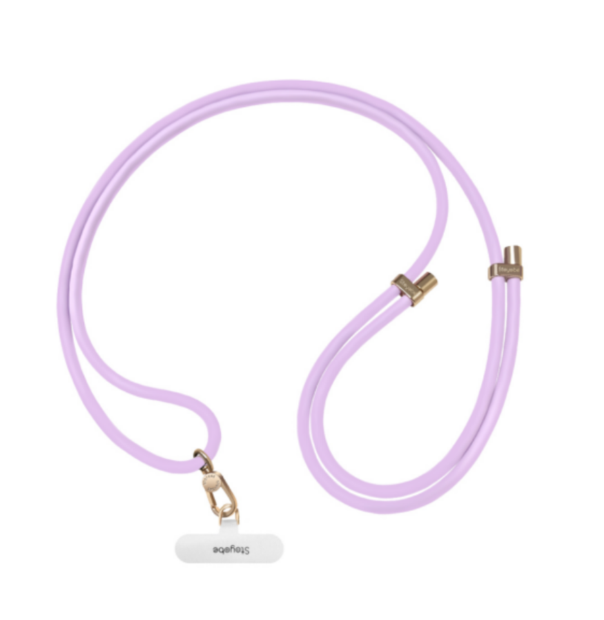 Wholesale adjustable silicone phone lanyard in lavender purple with gold metal sliders and universal tether patch.